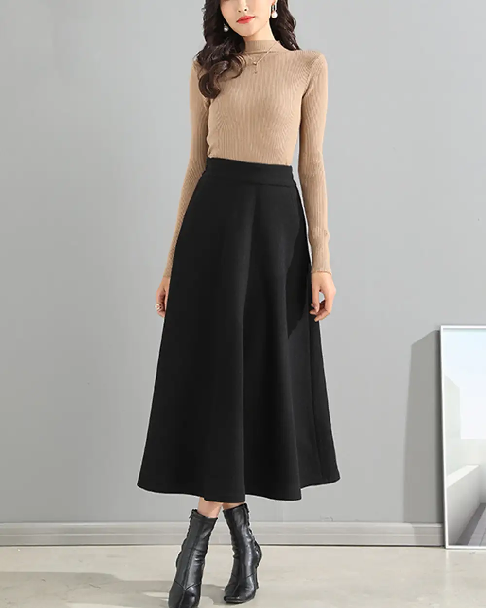 Pocketed Wool A Line Maxi Skirt