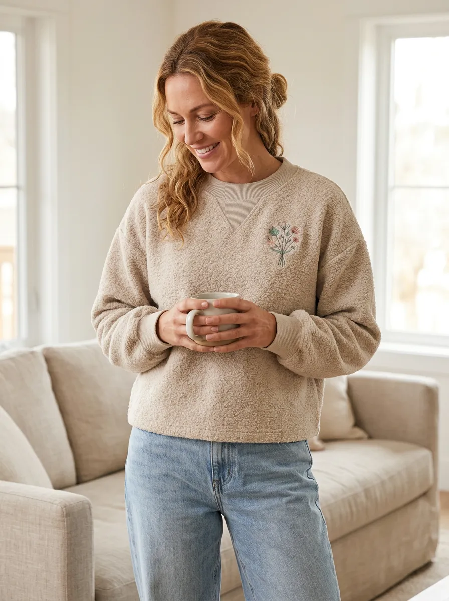 Easy-Wear Embroidered Fleece Profile Women's Fleece Crewneck Sweatshirt