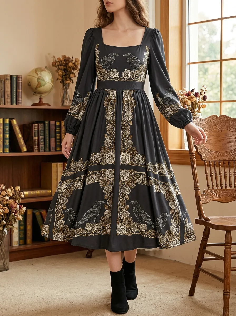 Women's Halloween Gothic Raven Rose Square Neck Midi Dress