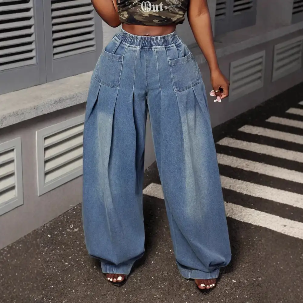 Women's High Waist Wide Leg Pleated Jeans