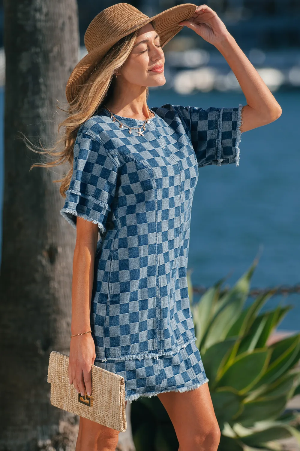 Blue Checkered Denim Mini Dress