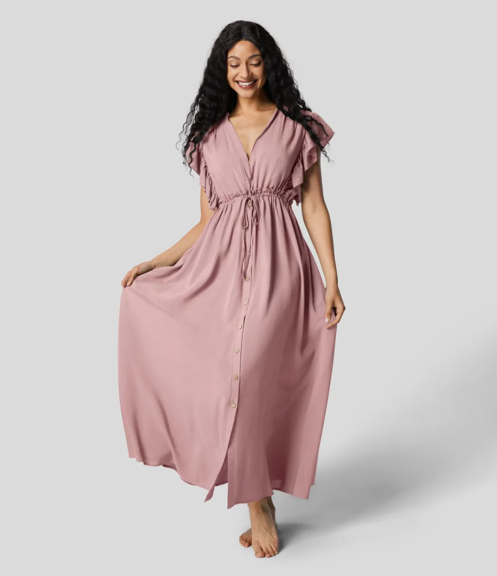 Deep V Neck Butterfly Sleeve Backless Drawstring Button Side Pocket Flowy Maxi Casual Dress