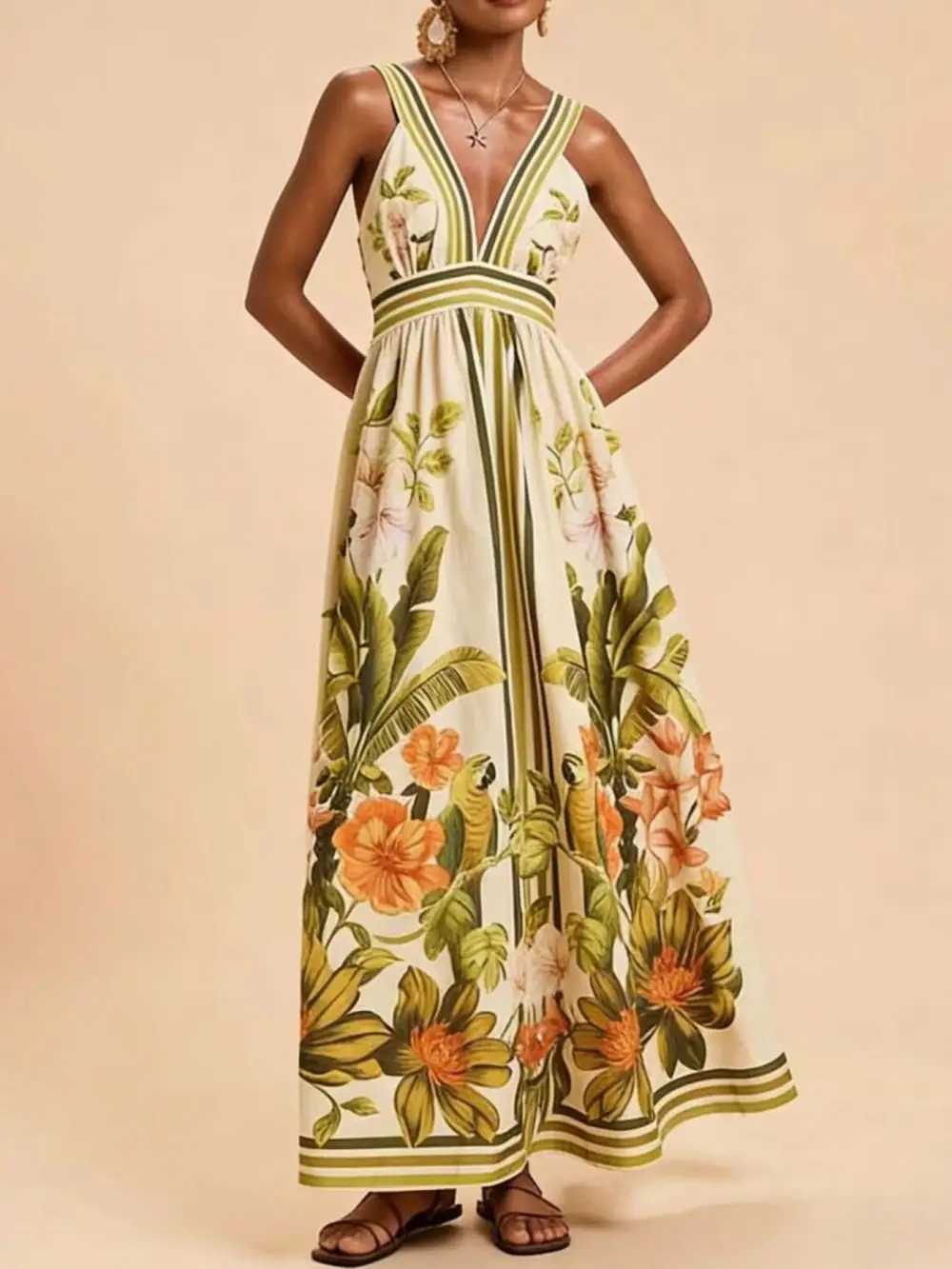Classic Tropical Print V Neck Maxi Dress