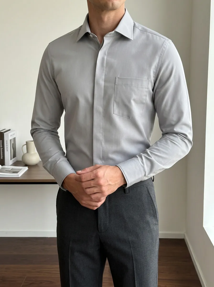 Men's Business Casual Grey Slim Fit Long Sleeve Button-Down Shirt