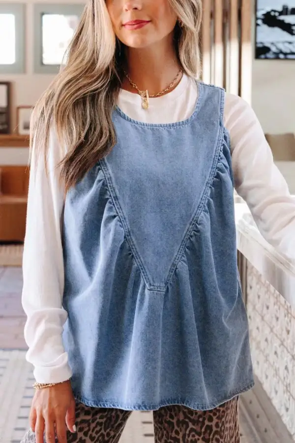 Denim Pleated Patchwork Sleeveless Top