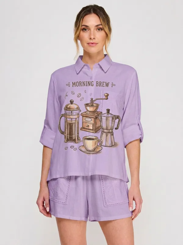 Women's Coffee Lover Morning Brew French Press Printed Button-up Shirt