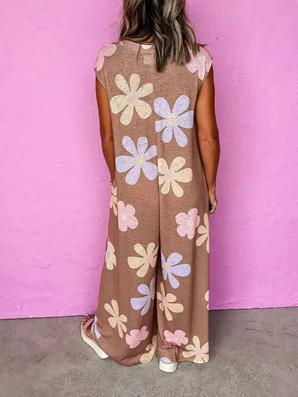 Floral Tie Button Round Neck Wide Jumpsuit