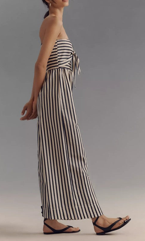Black White Stripe Tie Front Jumpsuit