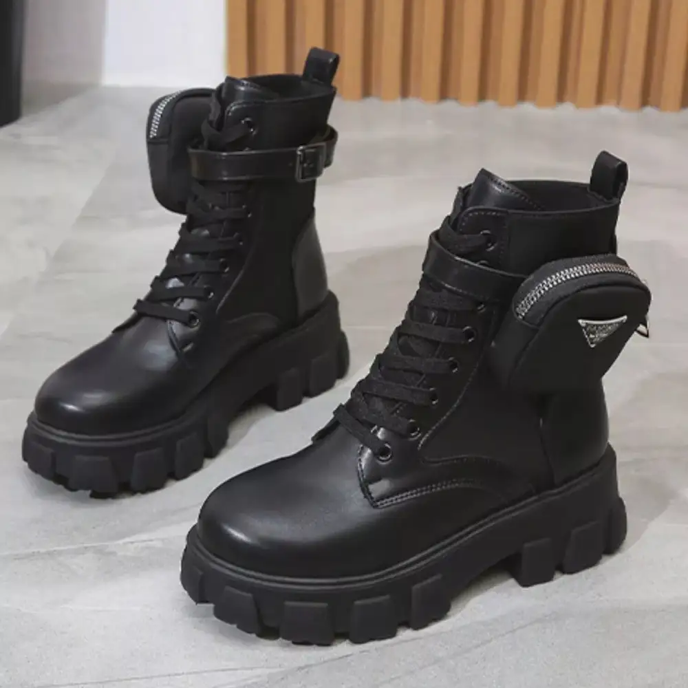 Textured Lace-Up Platform Ankle Boots