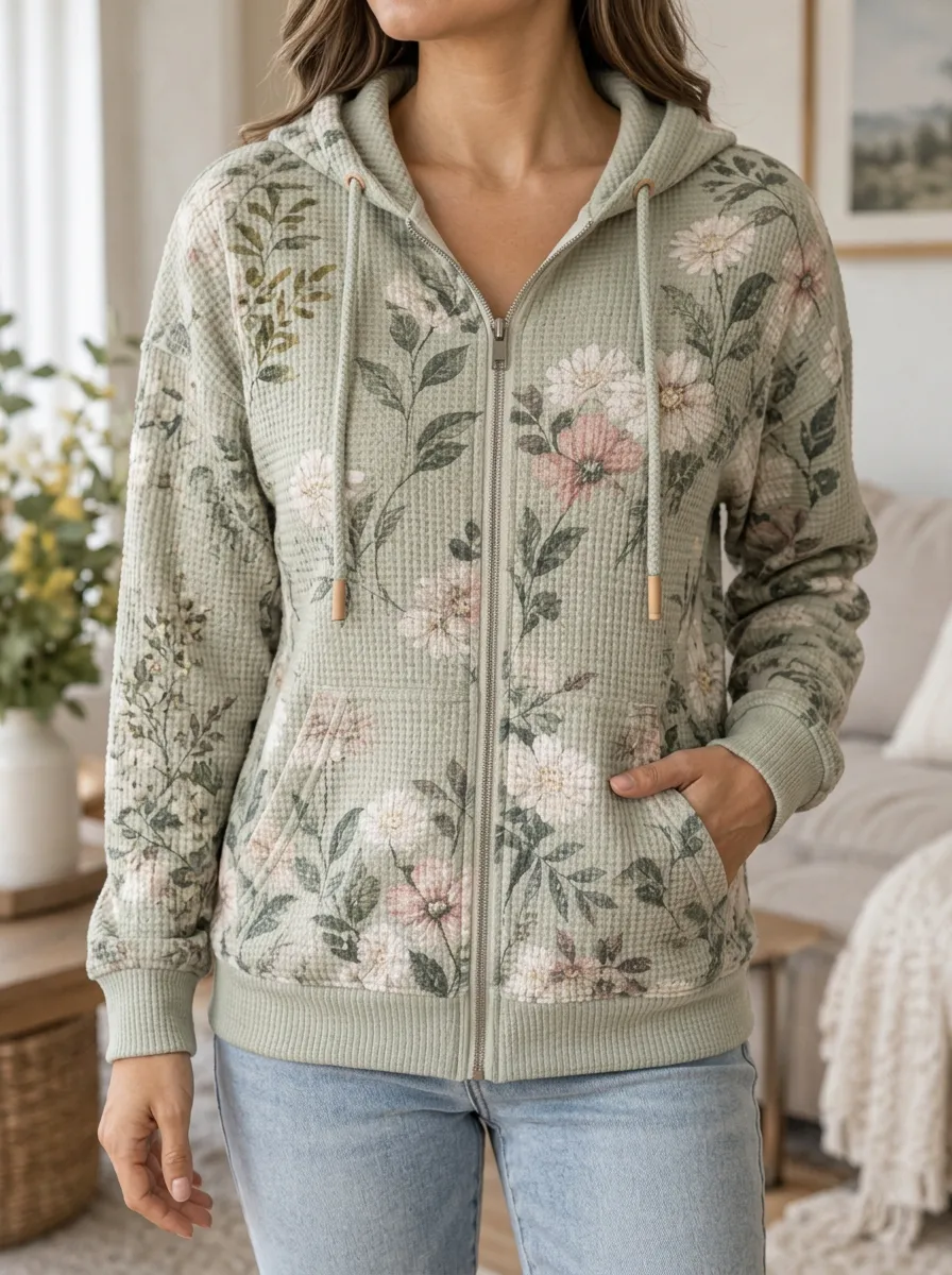 Women's Floral Botanical Sage Green Waffle Knit Printed Hoodie