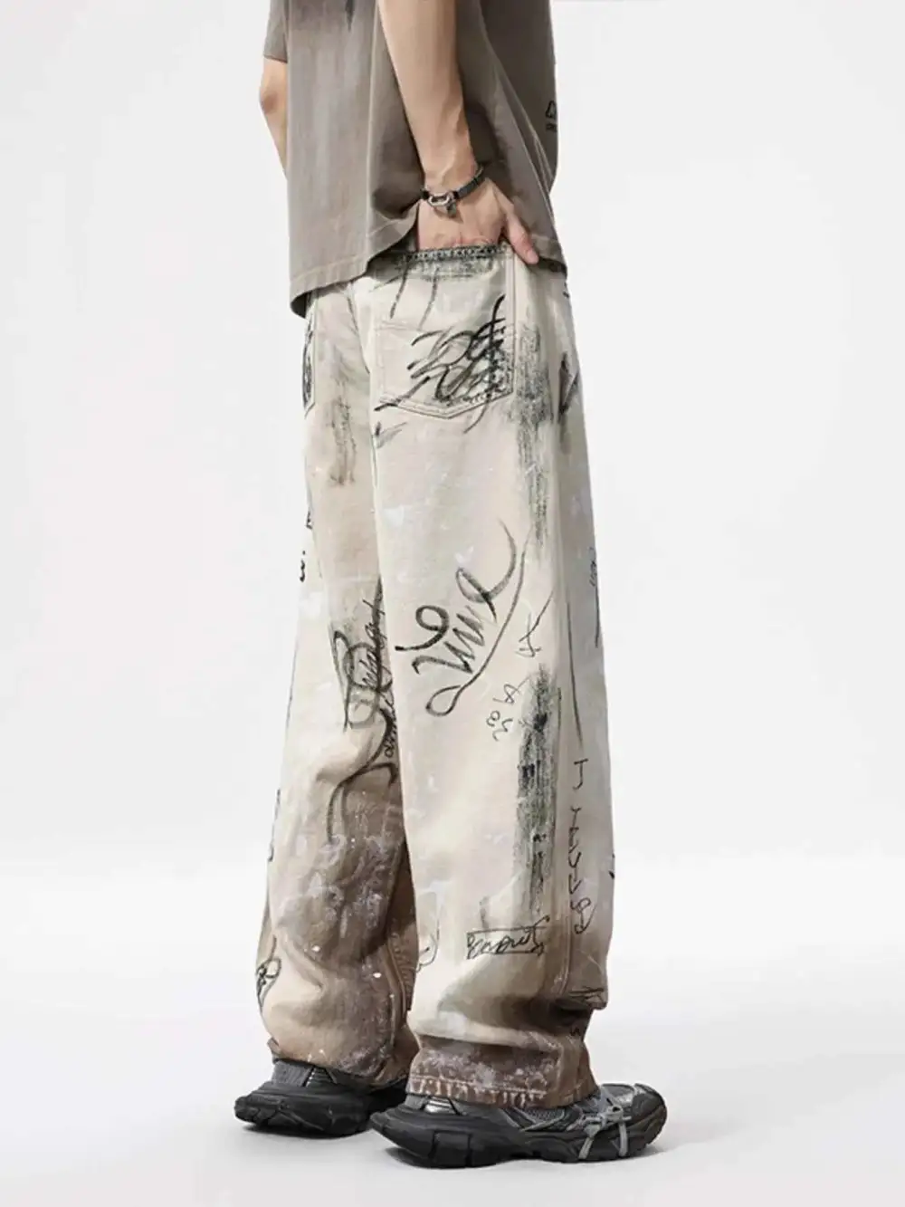 Graffiti Print Wide Leg Jeans