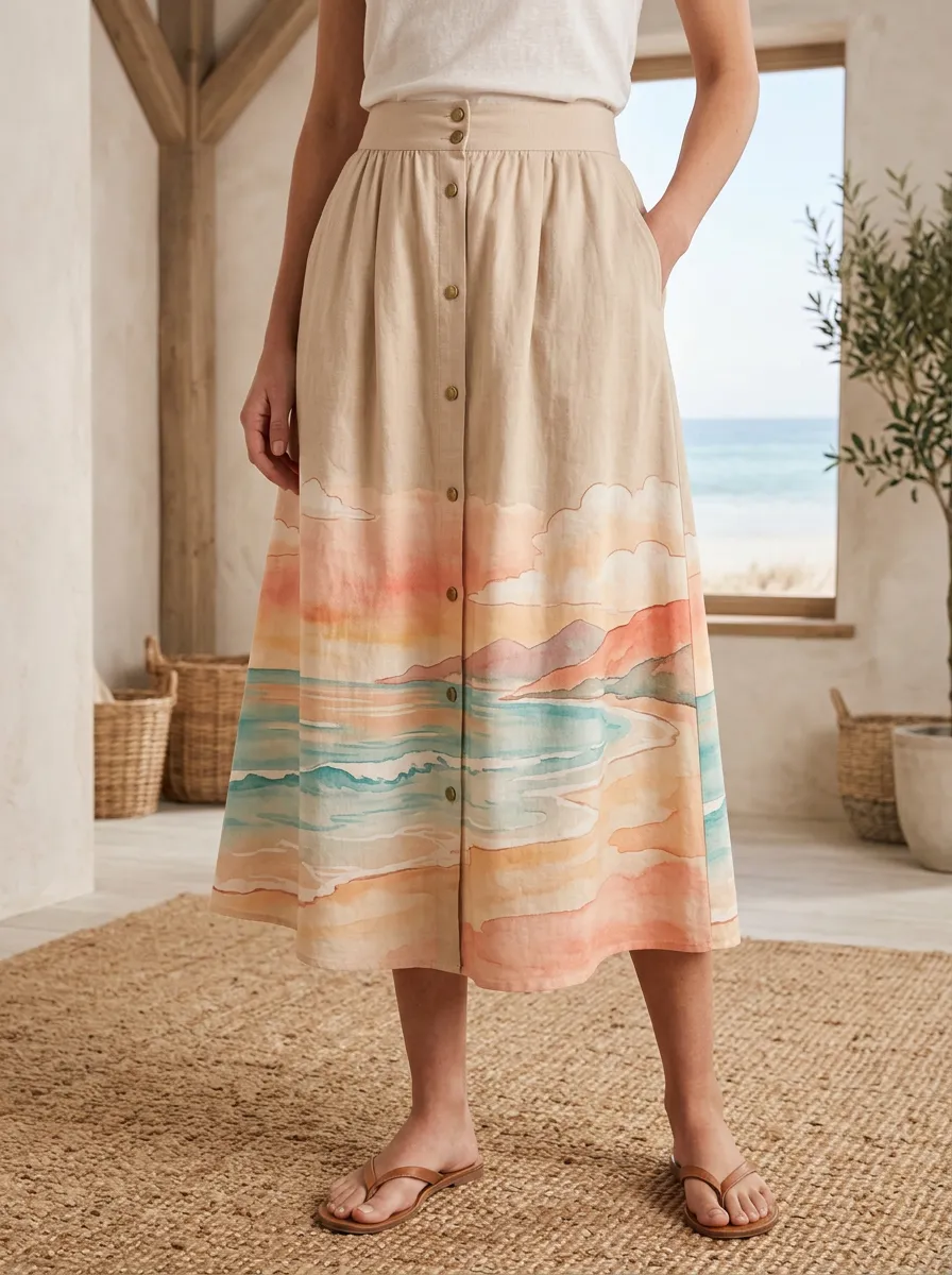 Women's Beach Lover Watercolor Seascape Printed Midi Skirt