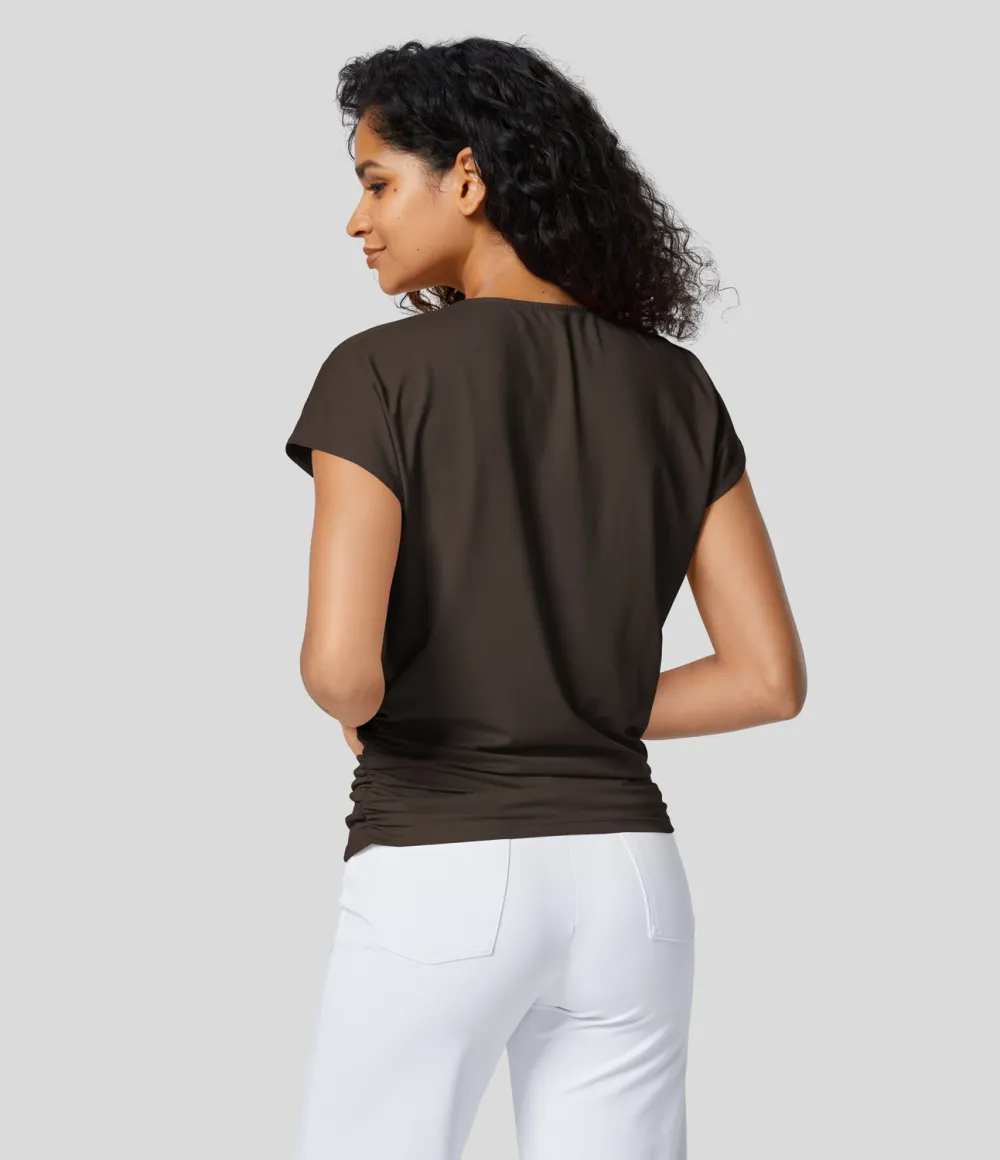 V Neck Cap Sleeve Crossover Ruched Solid Work Blouse