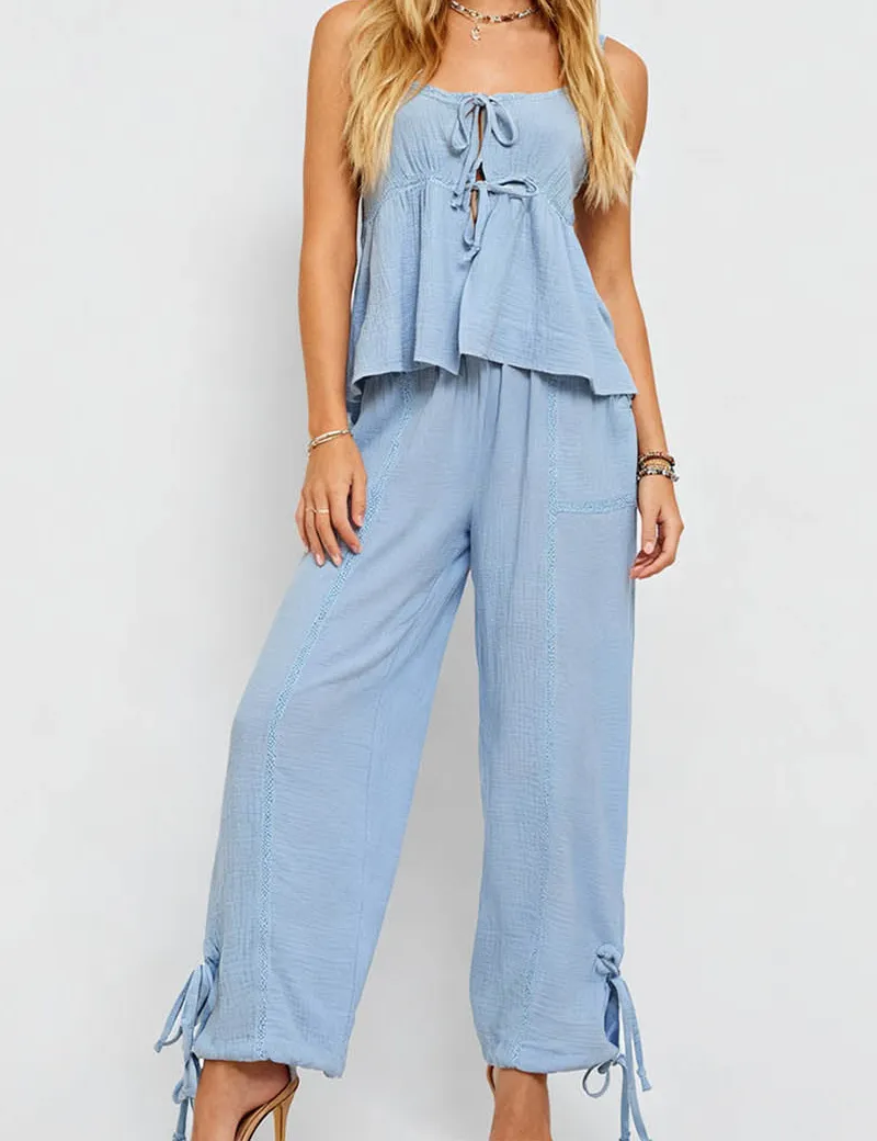 Boho Lace Up Cami Top and Wide Leg Pants Set