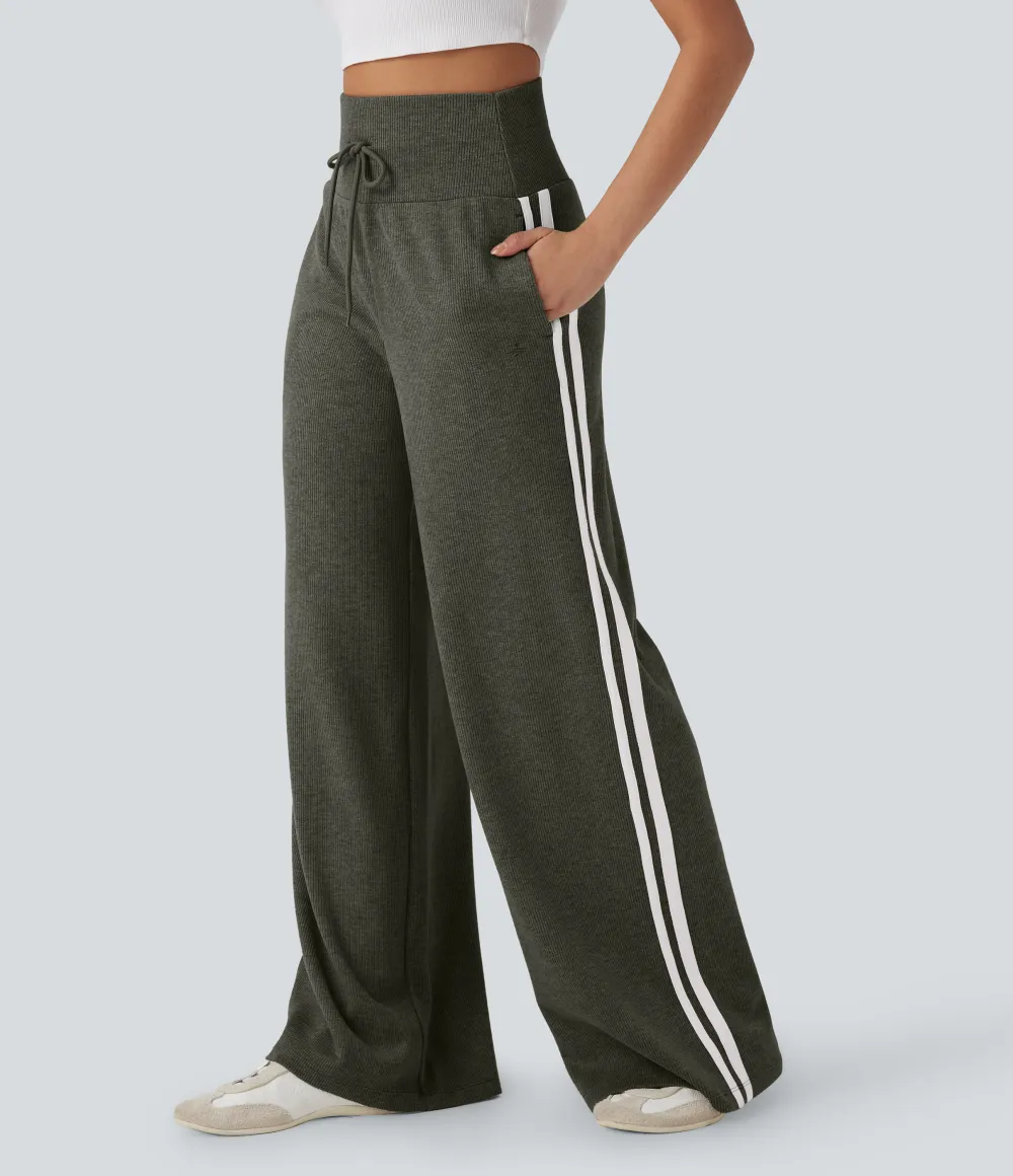 2026🔥  Ribbed SoCinched High Waisted Tummy Control Drawstring Wide Leg Color Block Casual Trousers with Pockets
