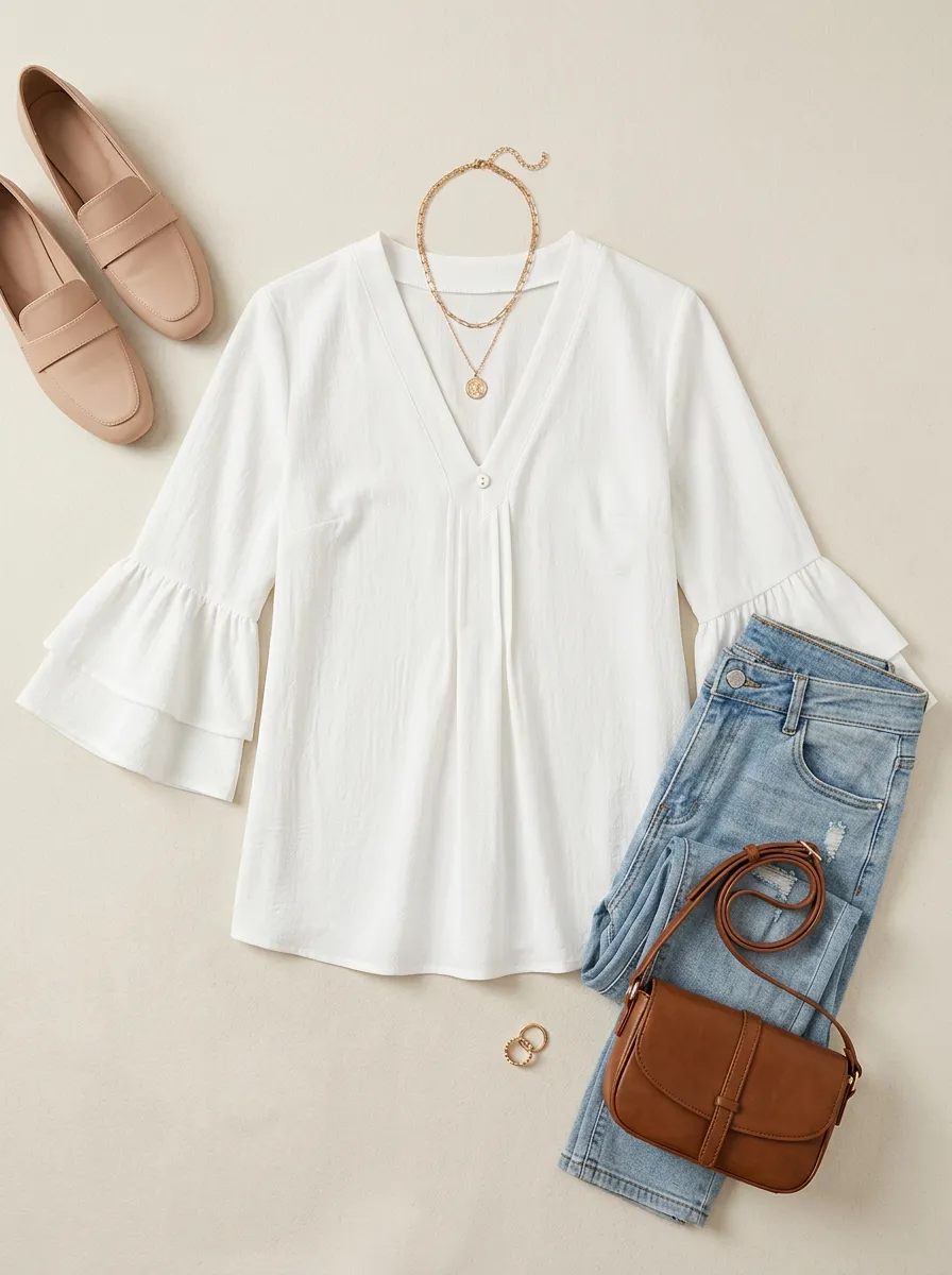 V-Neck Layered Ruffle Sleeve Blouse