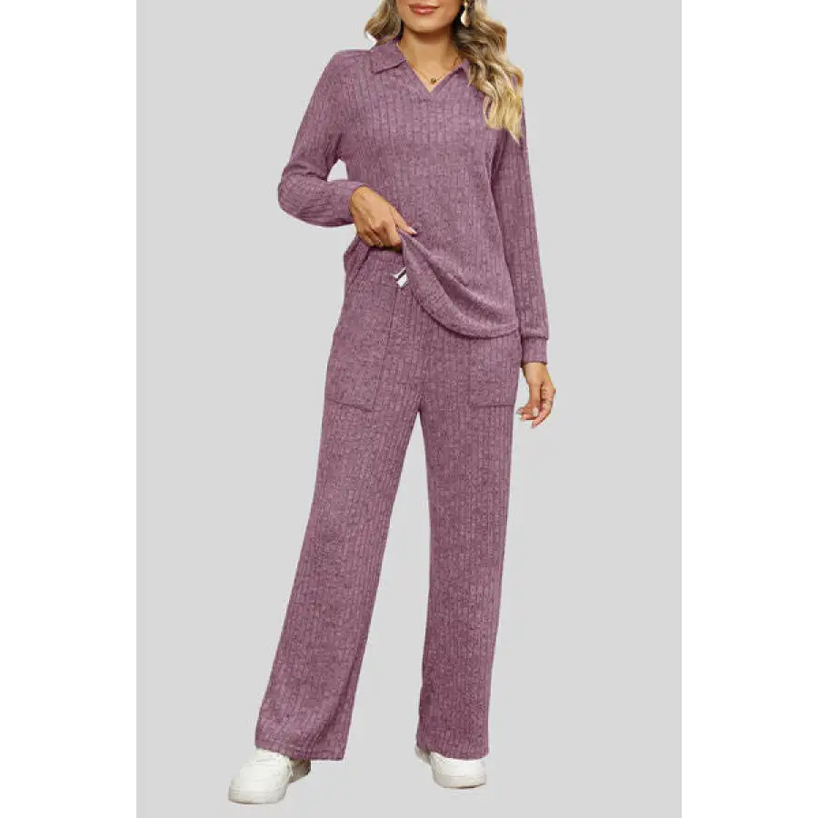Ribbed Long Sleeve Top and Pocketed Pants Set