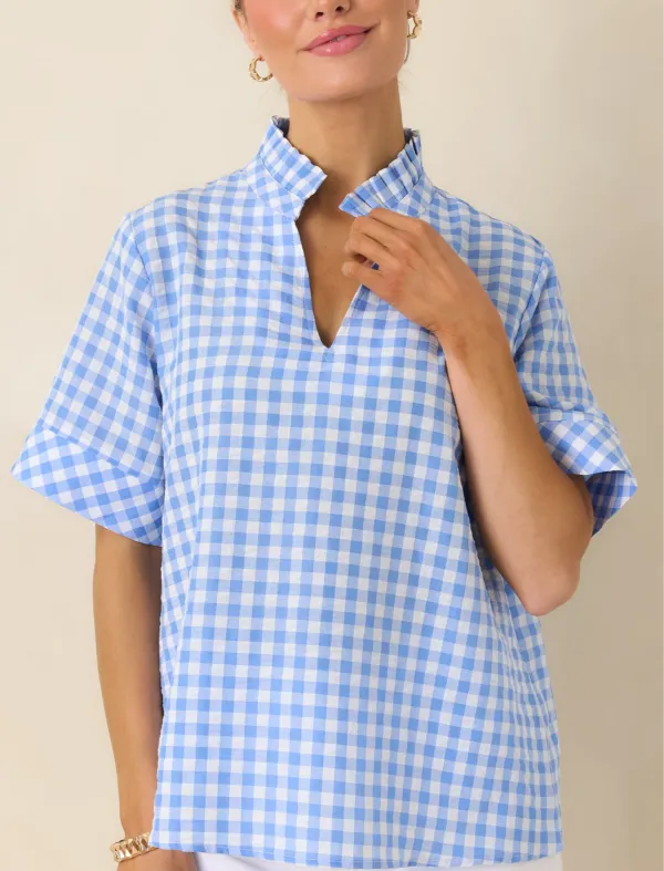 Short-Sleeve Collared V-Neck Gingham Top