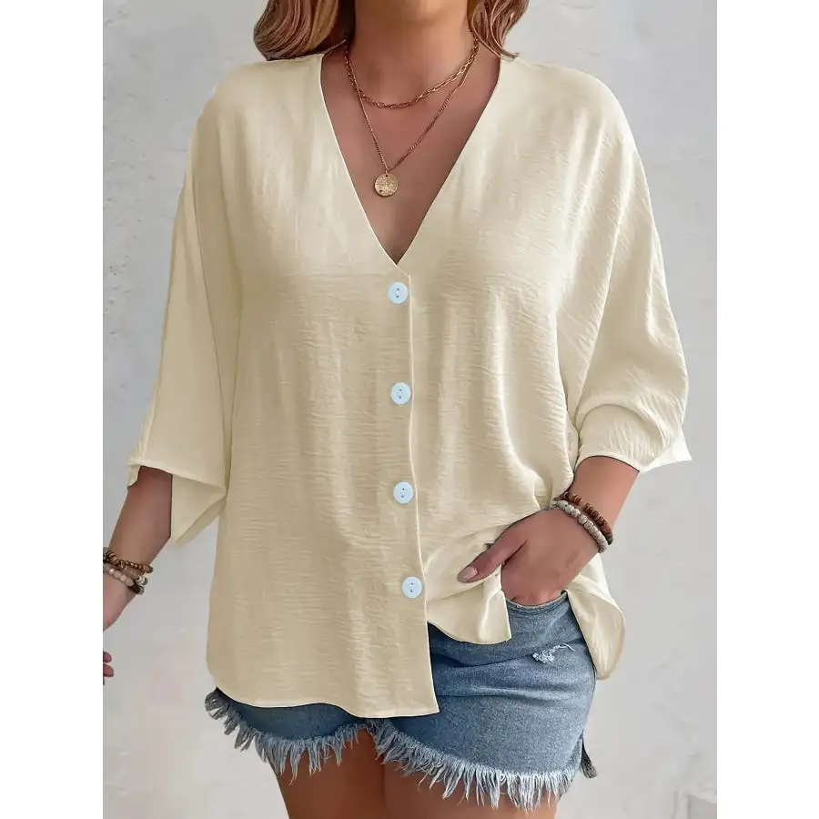 Full Size V Neck Button Down Shirt Plus Size