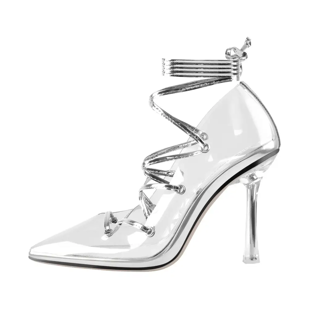 Lace Detail Pointed Toe Transparent Heel Lace Up Pumps