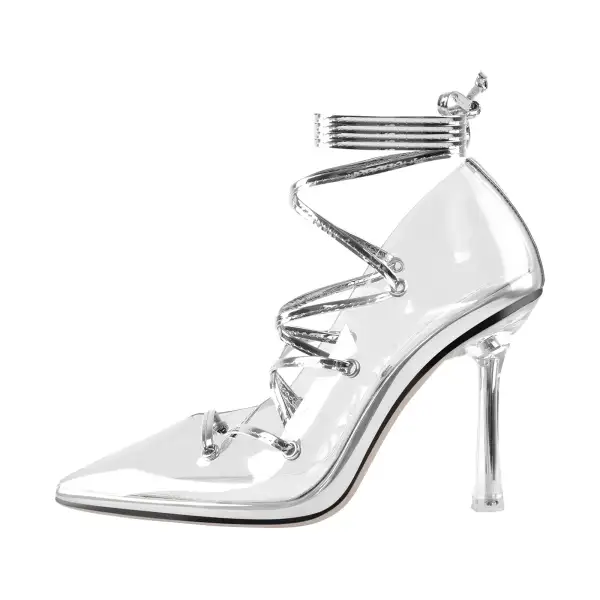 Lace Detail Pointed Toe Transparent Heel Lace Up Pumps