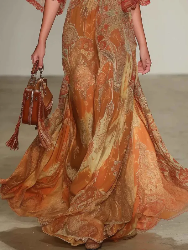 Retro Paisley Print V Maxi Dress