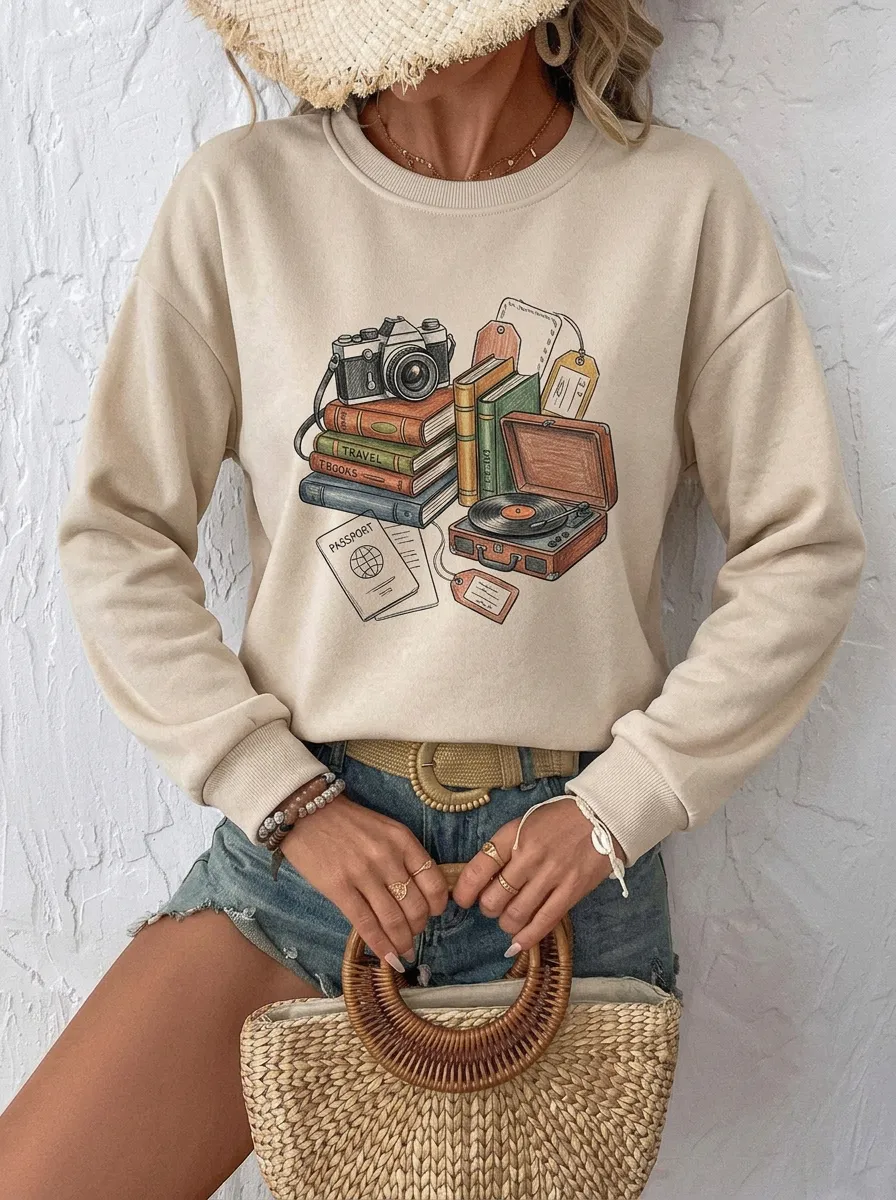 Women's Travel Book Camera Record Player Graphic Sweatshirt