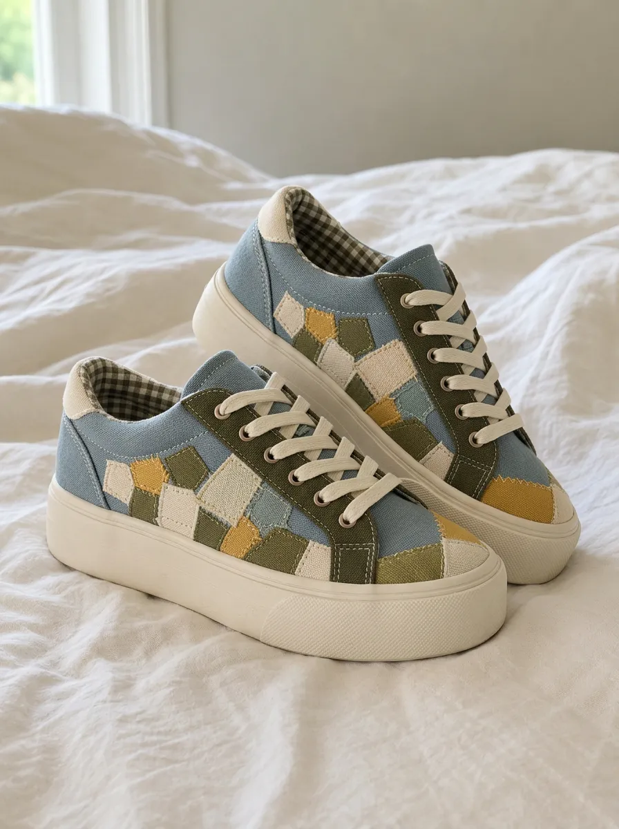 Women's Patchwork Pattern Blue Green Yellow Printed Canvas Shoes