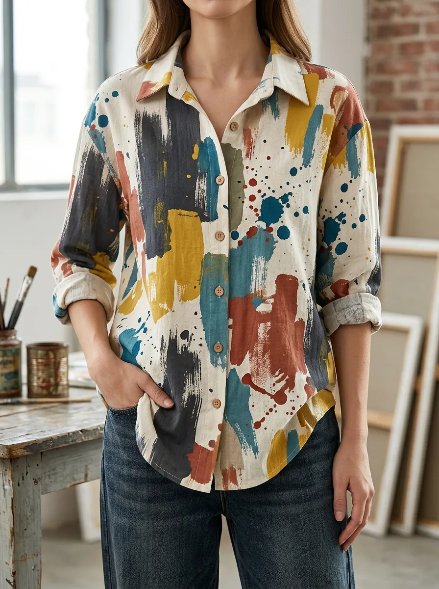 Women's Artistic Abstract Paint Splatter Printed Shirt