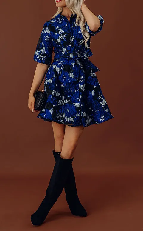 Pleated Floral Collared Short Sleeve Mini Dress