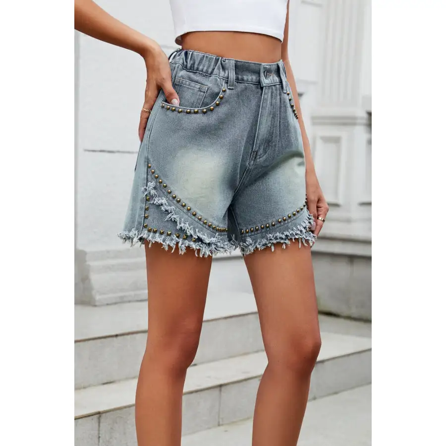 Raw Hem Studded Denim Shorts