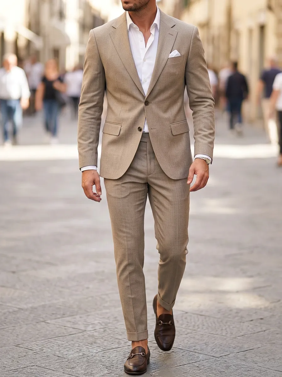Men's Business Casual Khaki Solid Color Slim Fit Suit Set