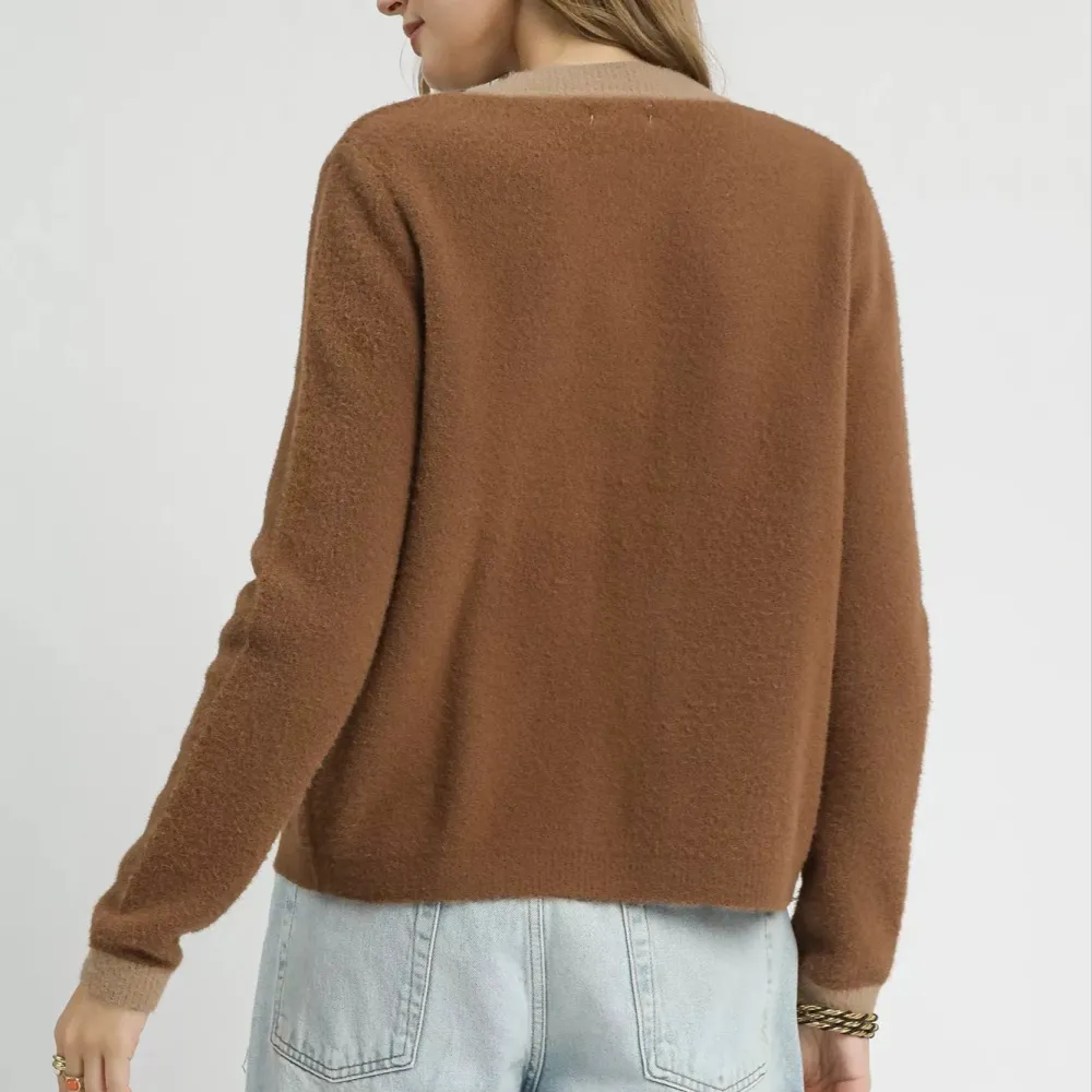 Button Front Pocket Detail Two Tone Knit Cardigan