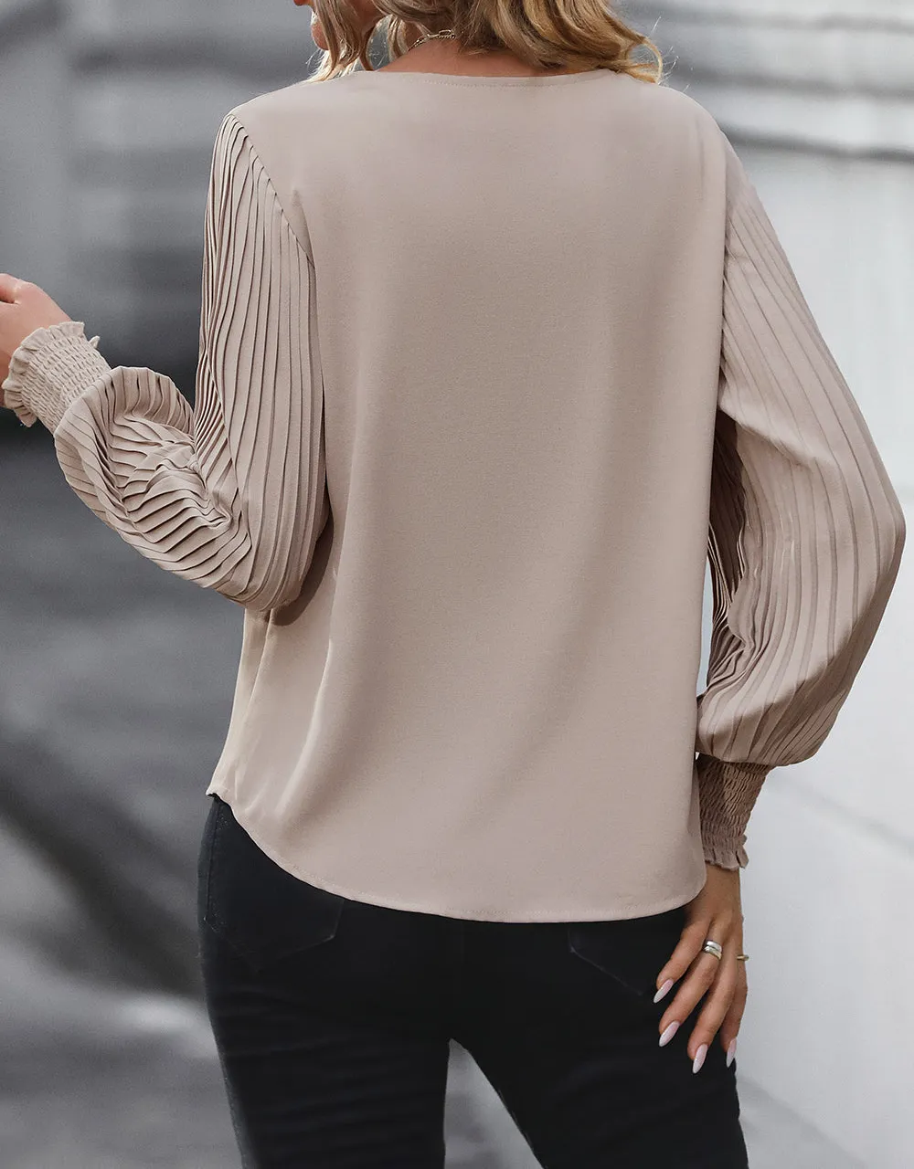 Pleated Lantern Sleeve V-Neck Blouse