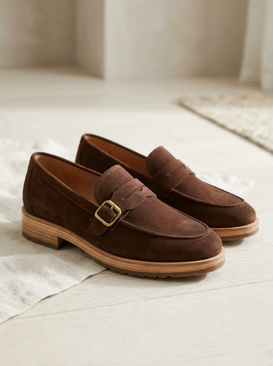 Women's Buckle Detail Classic Suede Wood Sole Loafers