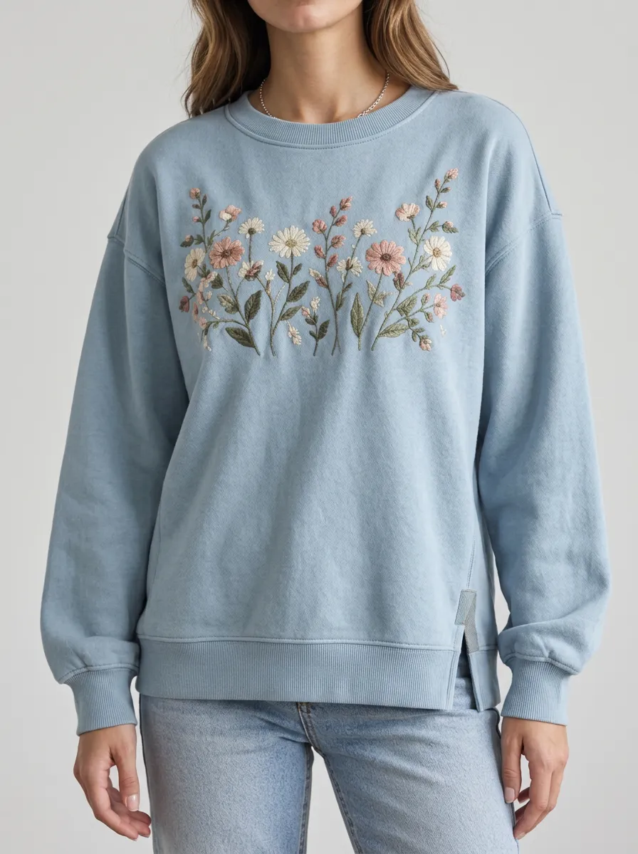 Women's Wildflower Relaxed Embroidered Graphic Crewneck Sweatshirt