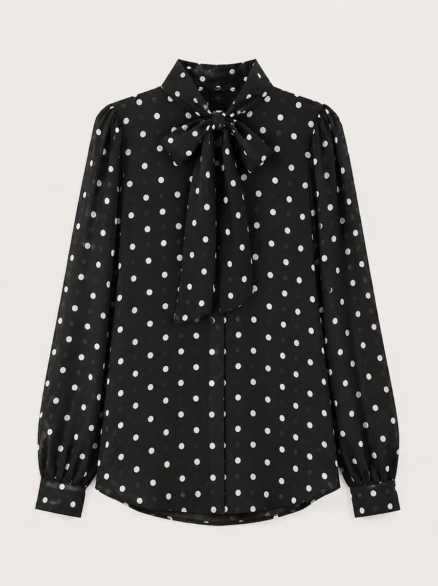 Women's Tie Printed Blouse Vintage Polka Dot Bow