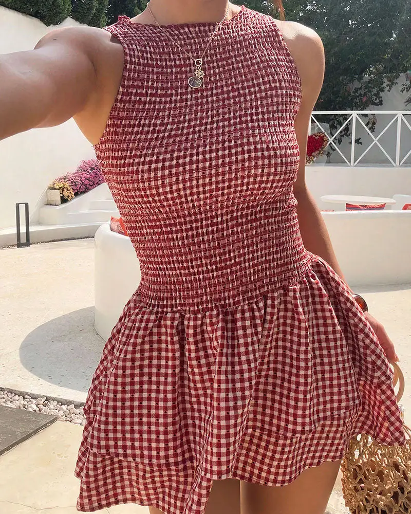 Smocked Gingham Sleeveless Ruffle Mini Dress