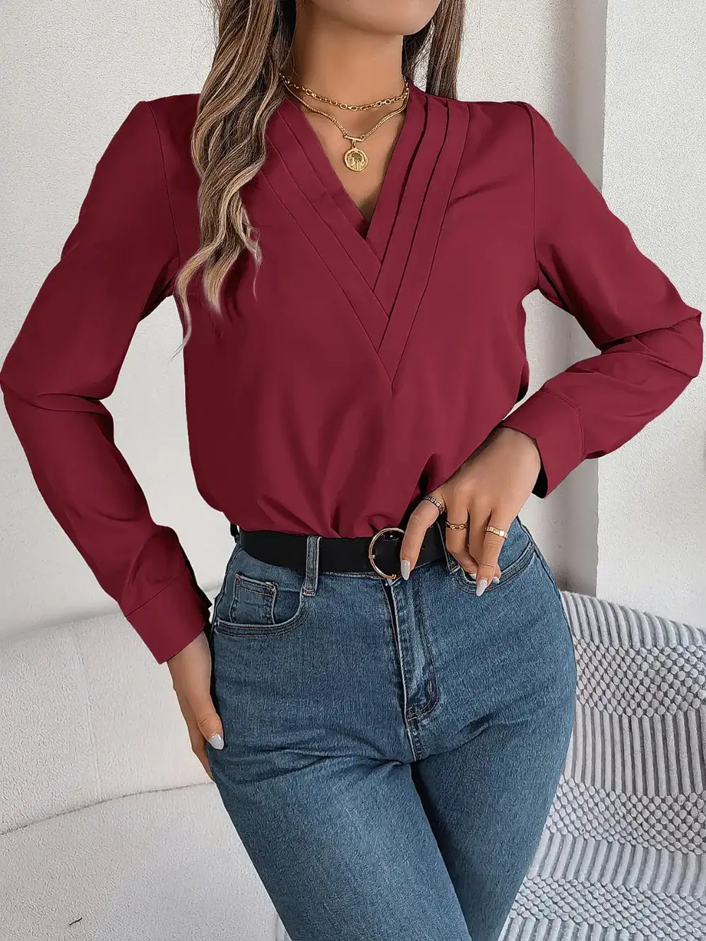 Textured V-Neck Long Sleeve Blouse
