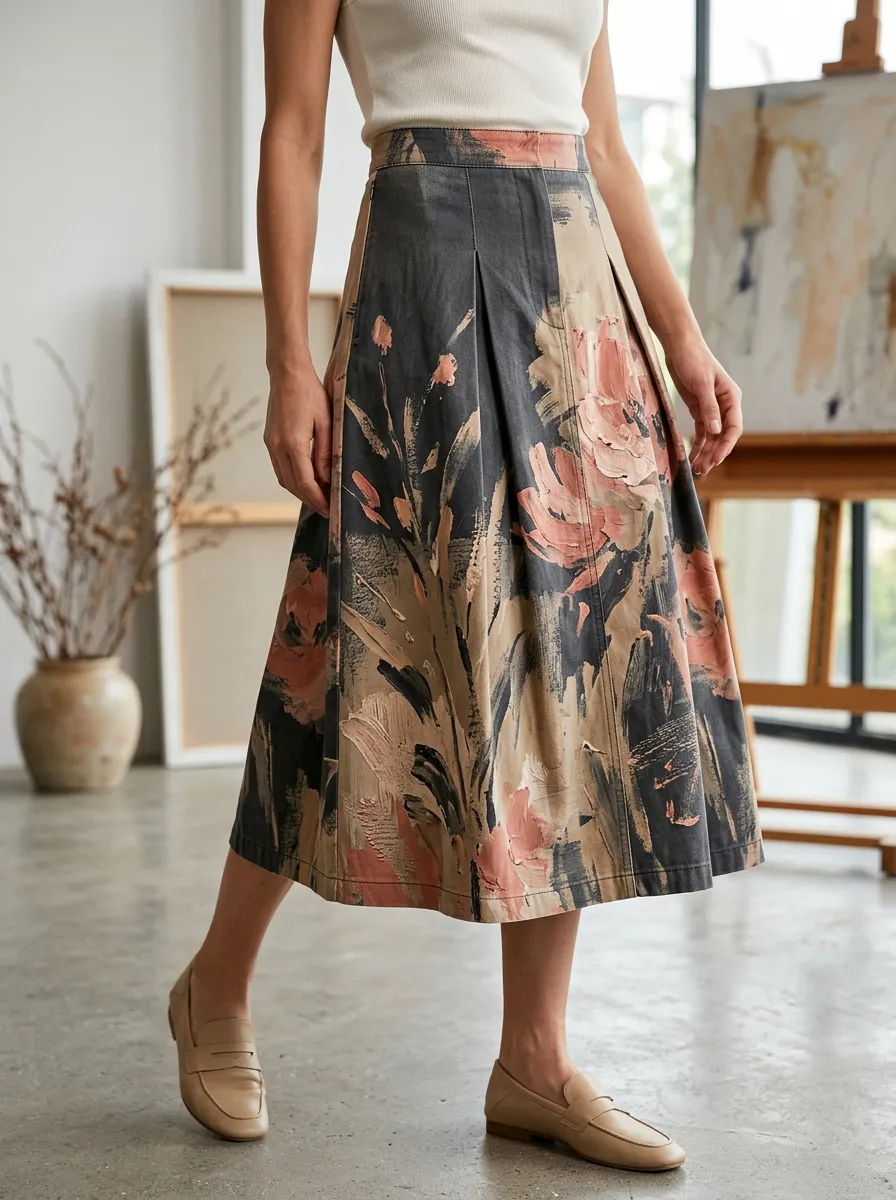Women's Abstract Floral Art Oil Painting Printed Midi Skirt