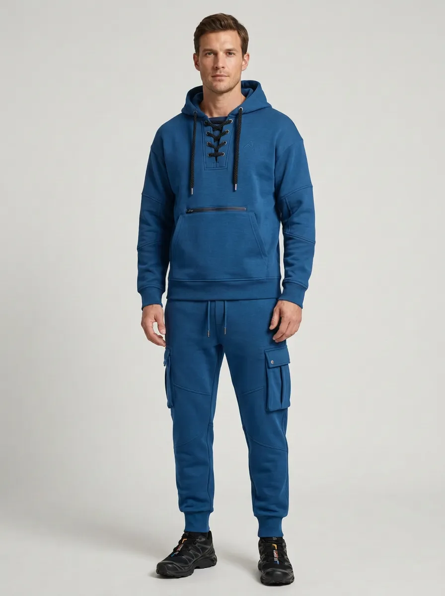 Streamlined Lace-Up Multi Pocket Relaxed Look Men's Lace Up Hoodie And Cargo Jogger Set