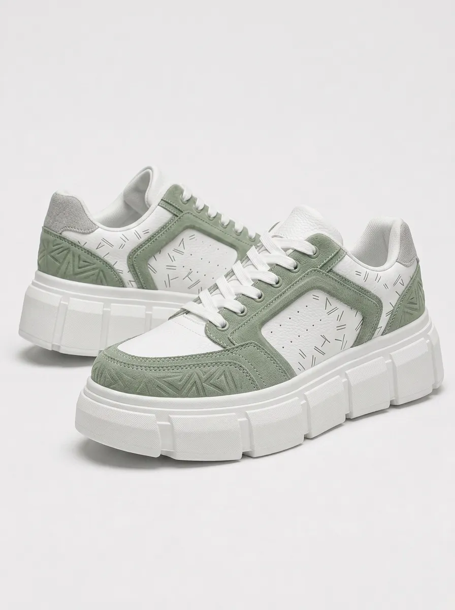 Men's Sage Green Geometric Pattern Printed Platform Sneakers