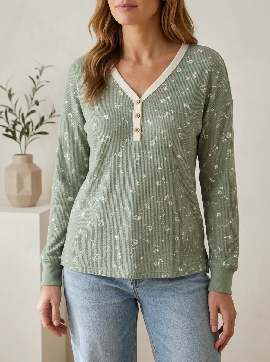 Women's Boho Floral Pattern Waffle Knit Printed Top V-Neck Button T-Shirt