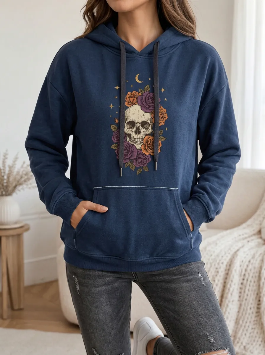 Women's Halloween Gothic Skull Floral Moon Printed Hoodie
