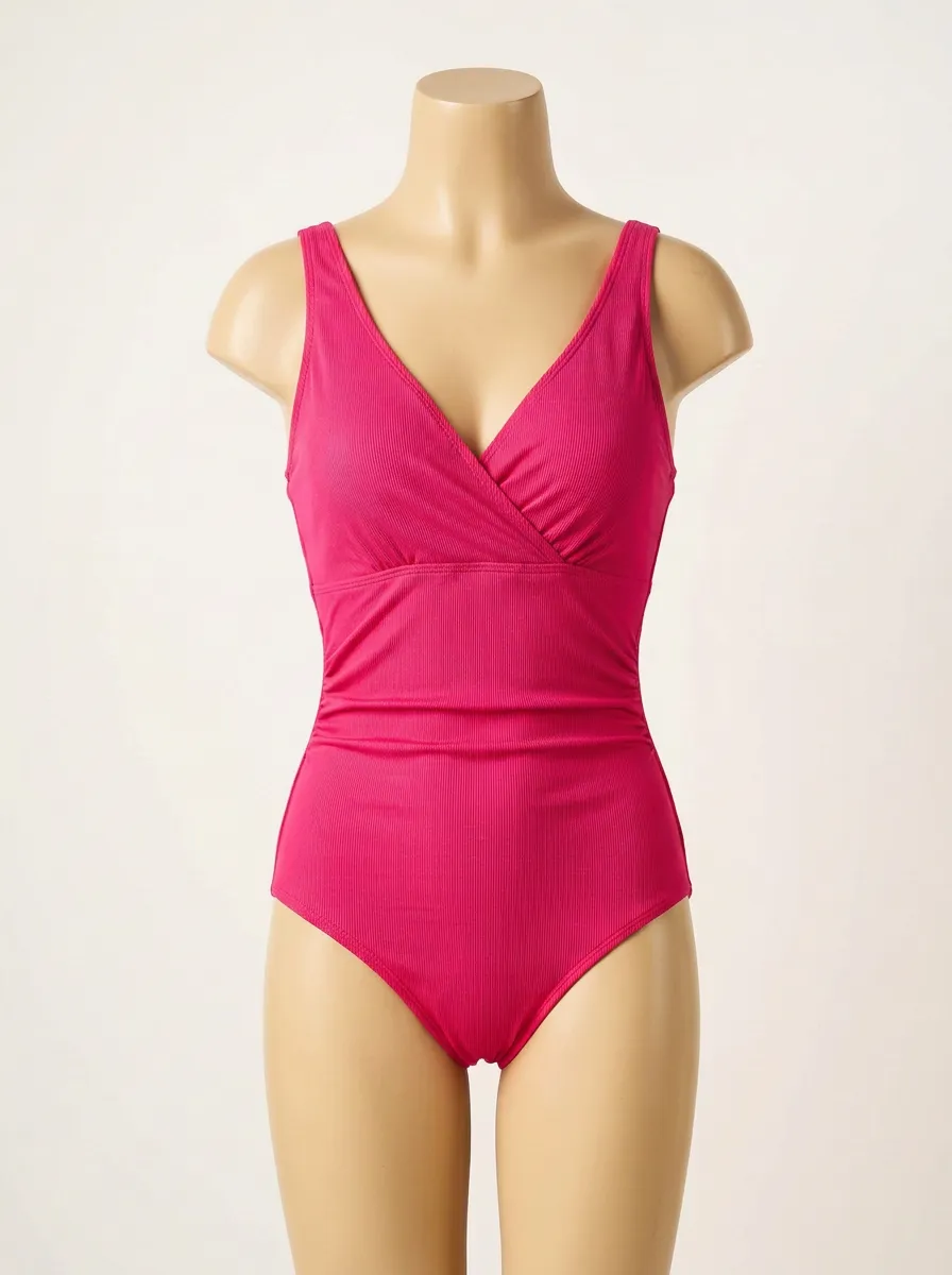 Refined Ribbed V-Neck Ruched One-Piece Swimsuit