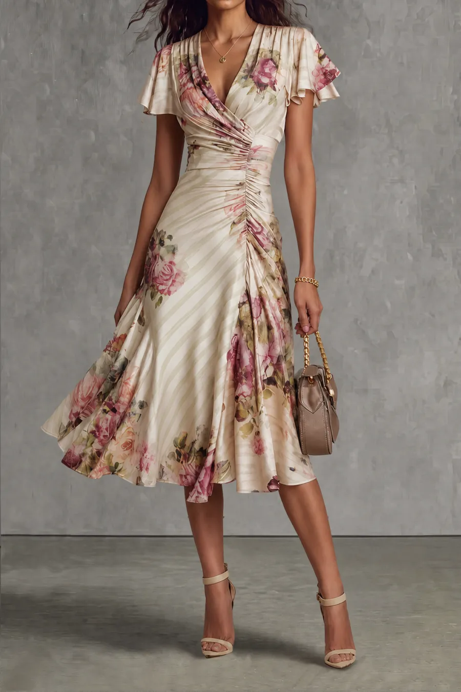 Classic Ruched Floral Midi Dress