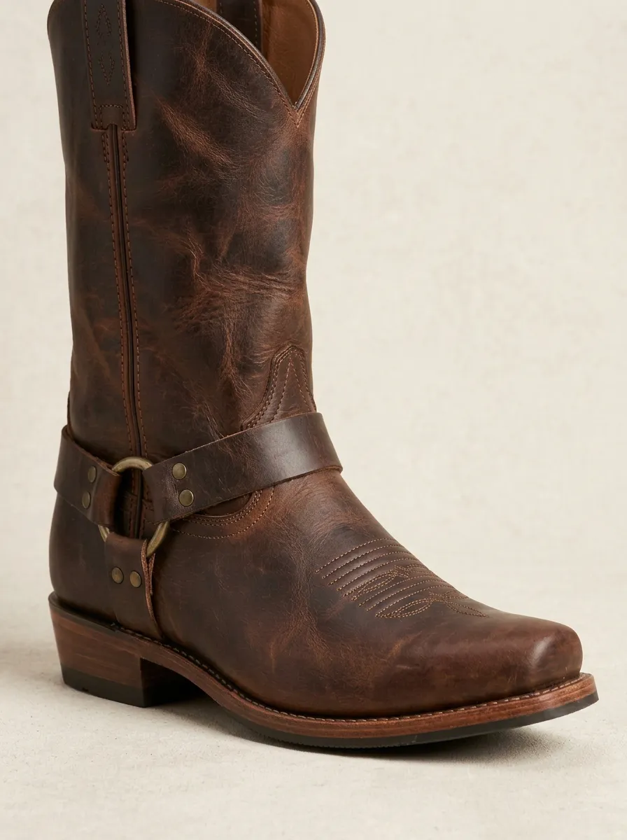 Men's Western Cowboy Brown Leather Printed Boots