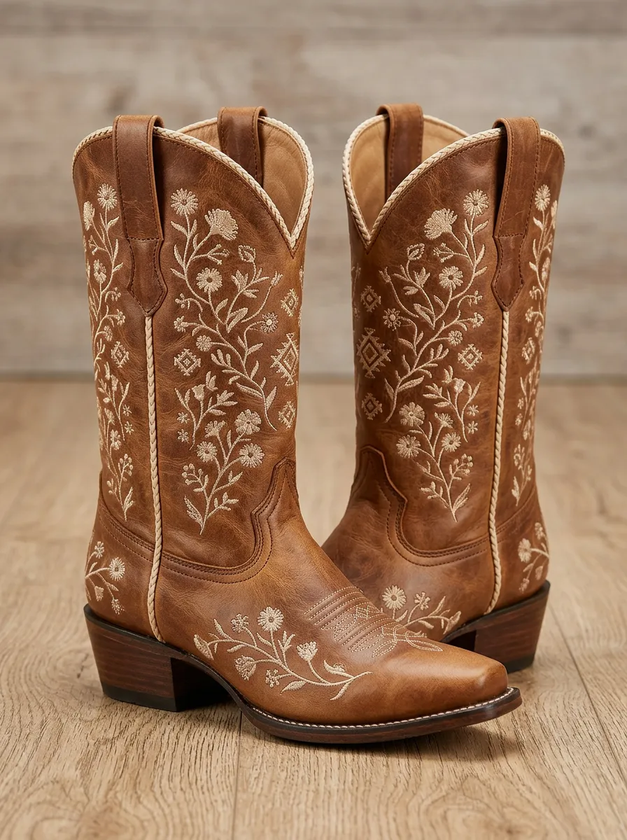 Unisex High-Plains Floral Geometric Embroidered Detail Western Cowboy Boots