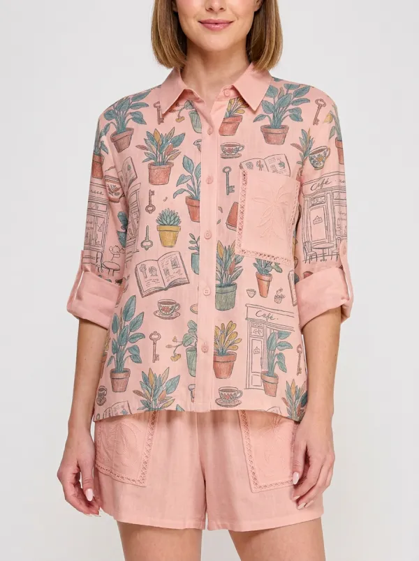 Women's Botanical Cafe Book Graphic Button-Up Shirt