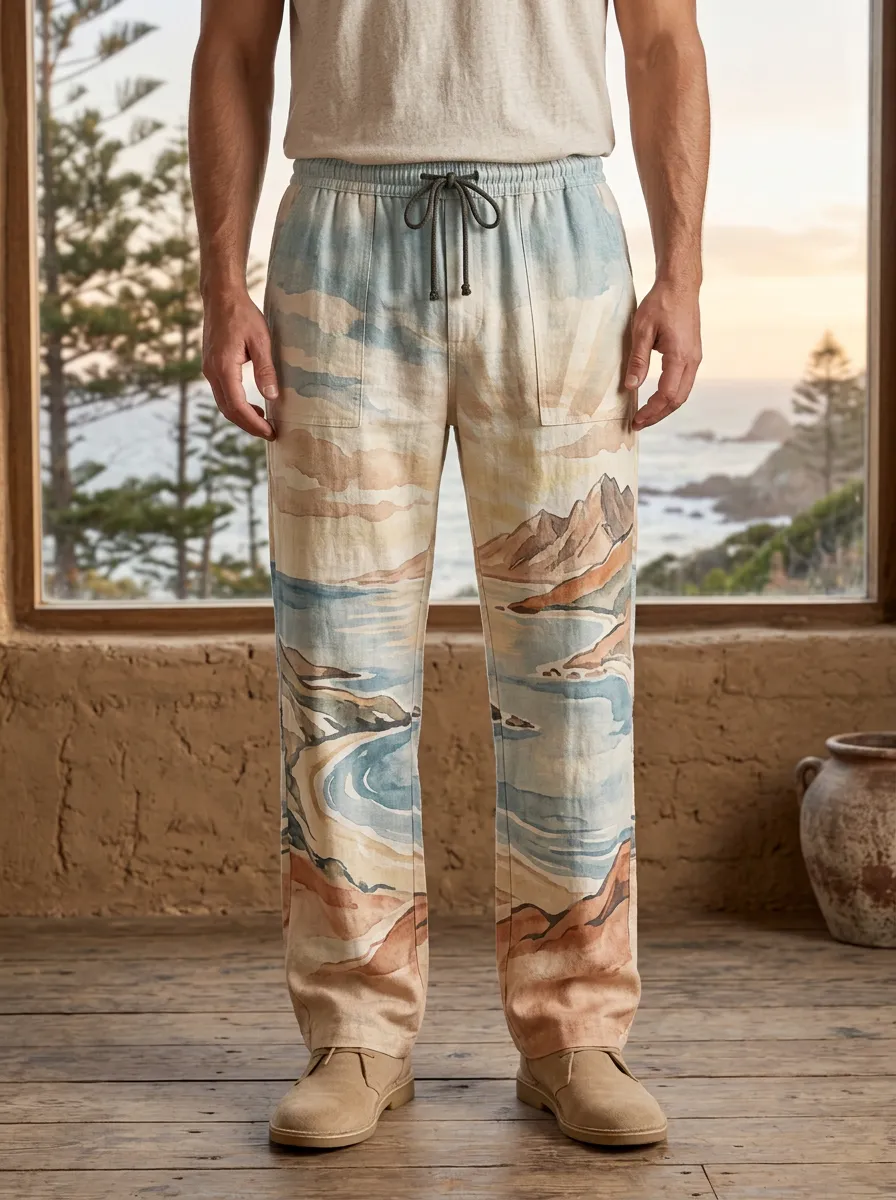 Men's Coastal Landscape Watercolor Printed Pants